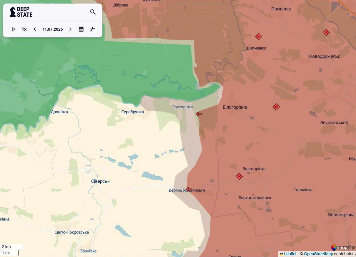 Лінія фронту в районі Білогорівки станом на 11 липня/DeepStateMAP