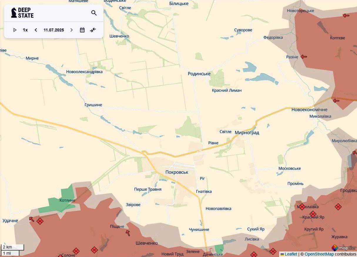 Лінія фронту на півночі покровського напрямку станом на 11 липня/DeepStateMAP