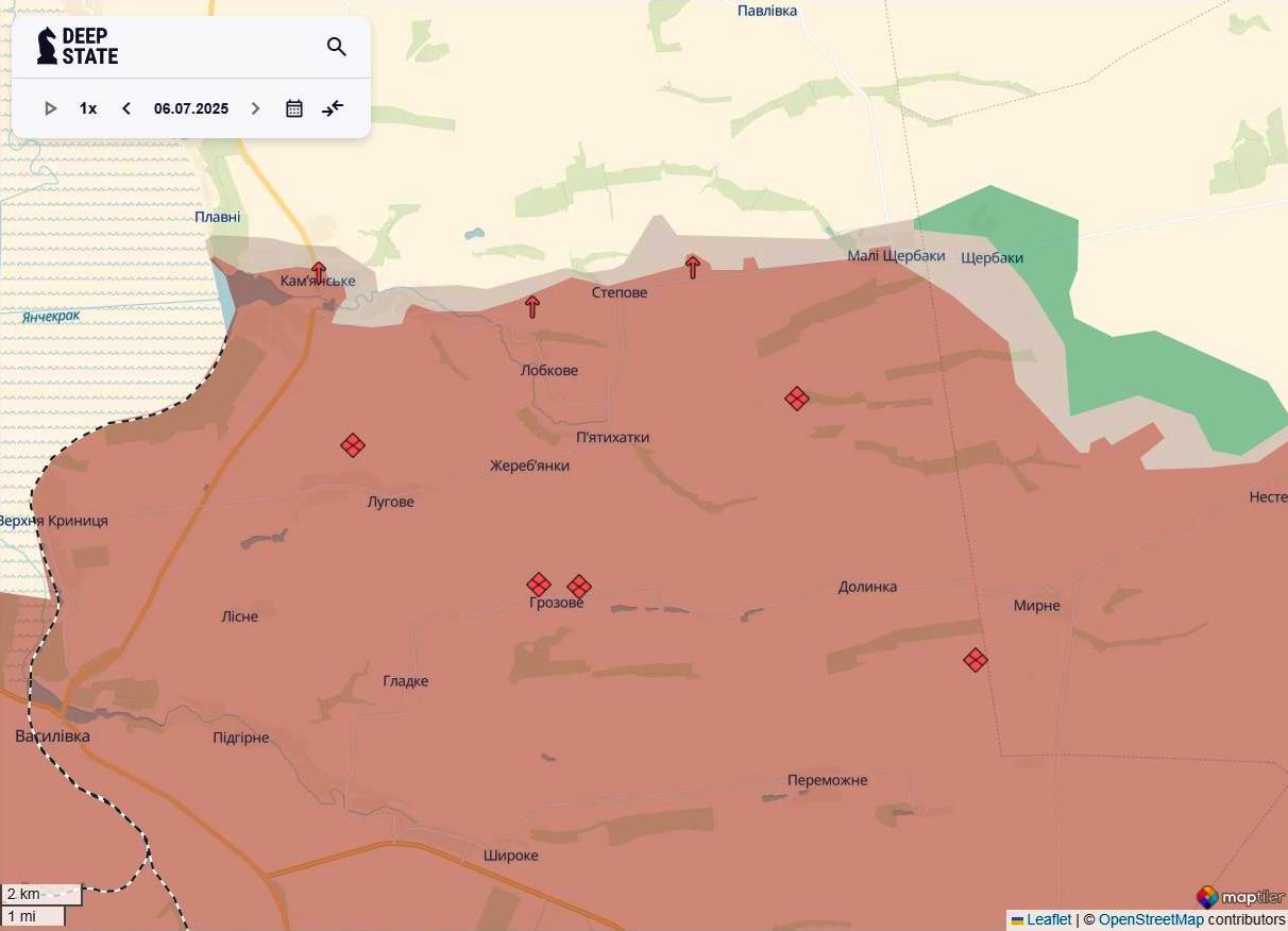 Лінія фронту на заході Запорізької області станом на 6 липня/DeepStateMAP