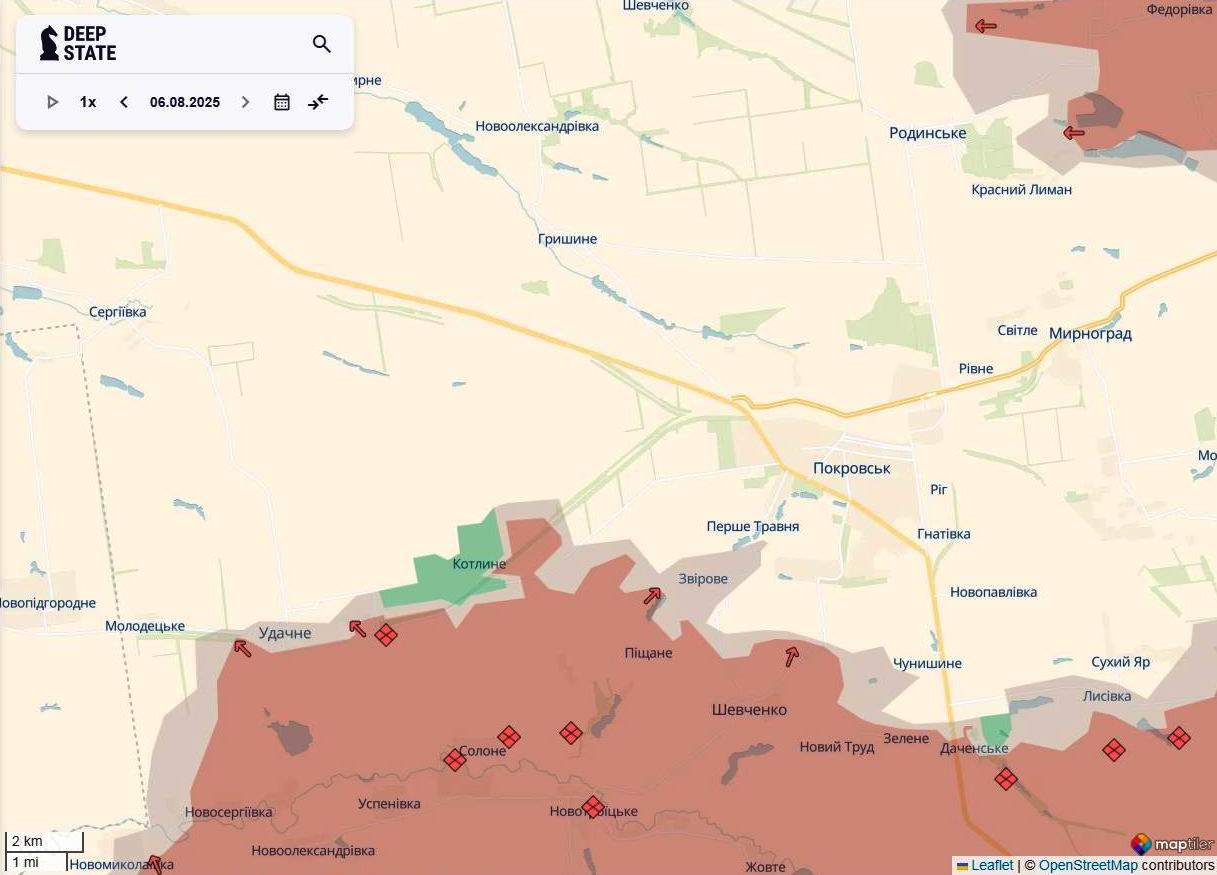 Лінія фронту на покровському напрямку станом на 6 серпня/DeepStateMAP