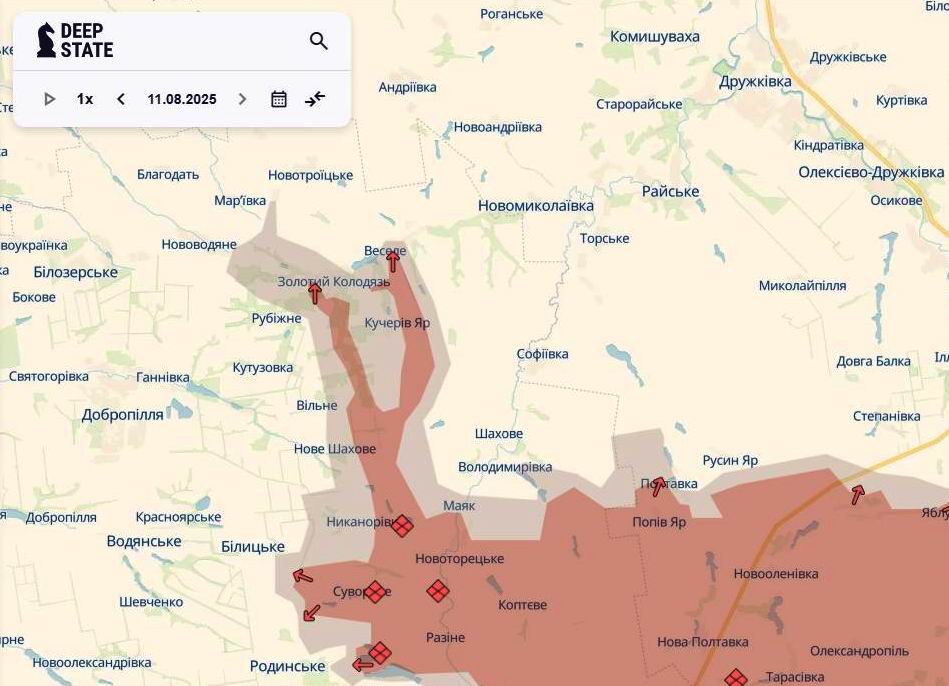 Лінія фронту між Добропіллям та Дружківкою станом на 11 серпня/DeepStateMAP