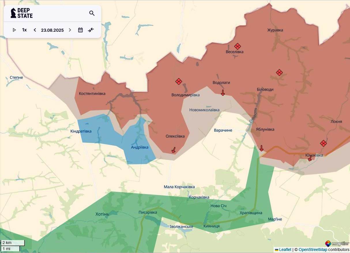 Лінія фронту на півночі Сумської області станом на 23 серпня/DeepStateMAP
