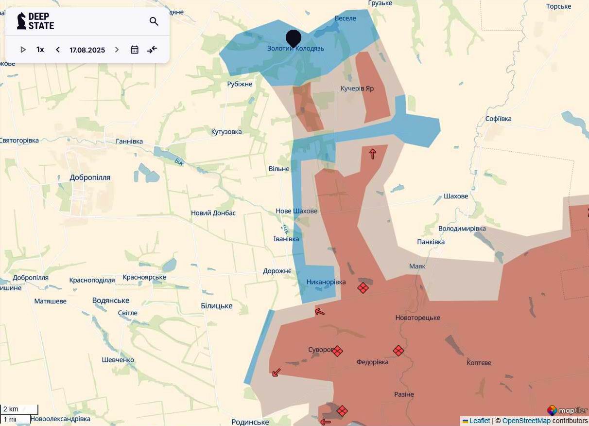 Лінія фронту на півночі покровського напрямку станом на 17 серпня/DeepStateMAP
