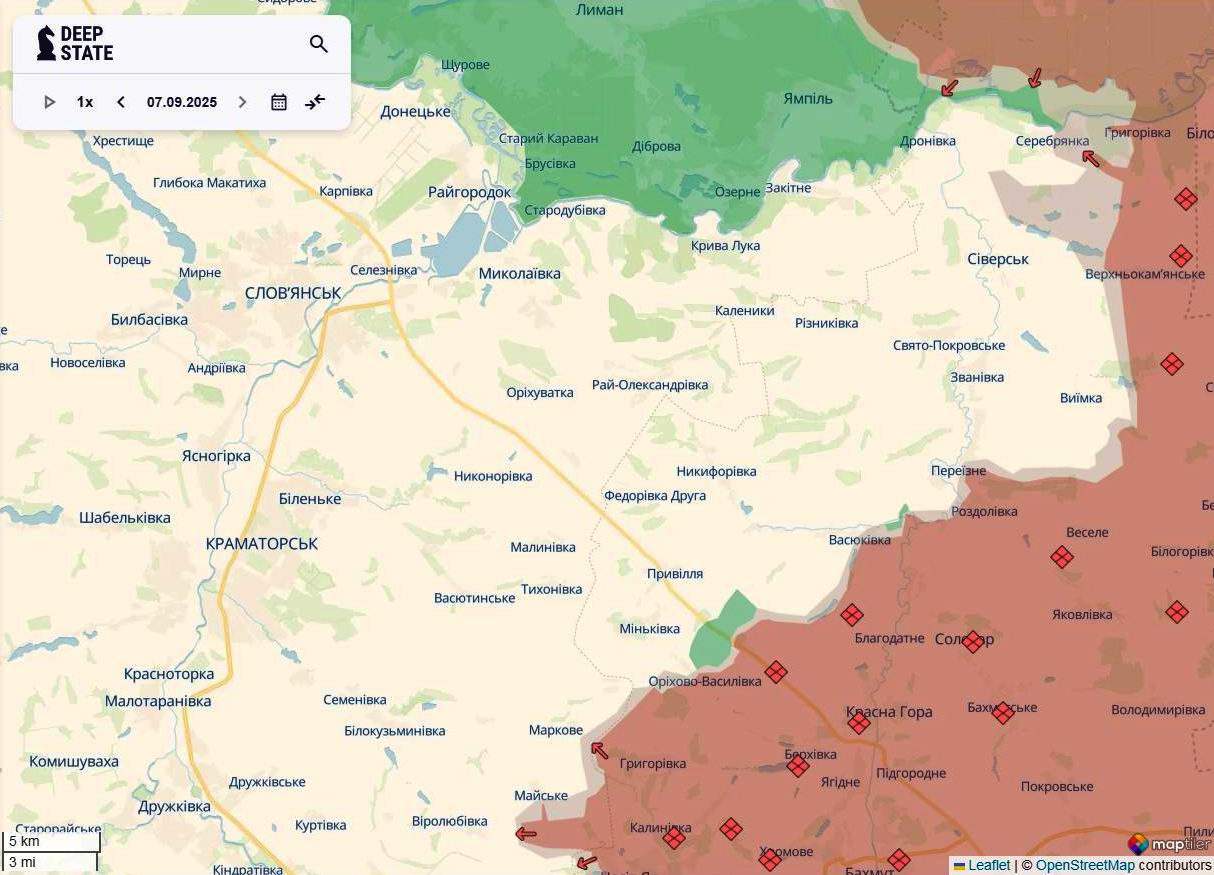 Лінія фронту в районі Краматорська станом на 7 вересня/DeepStateMAP