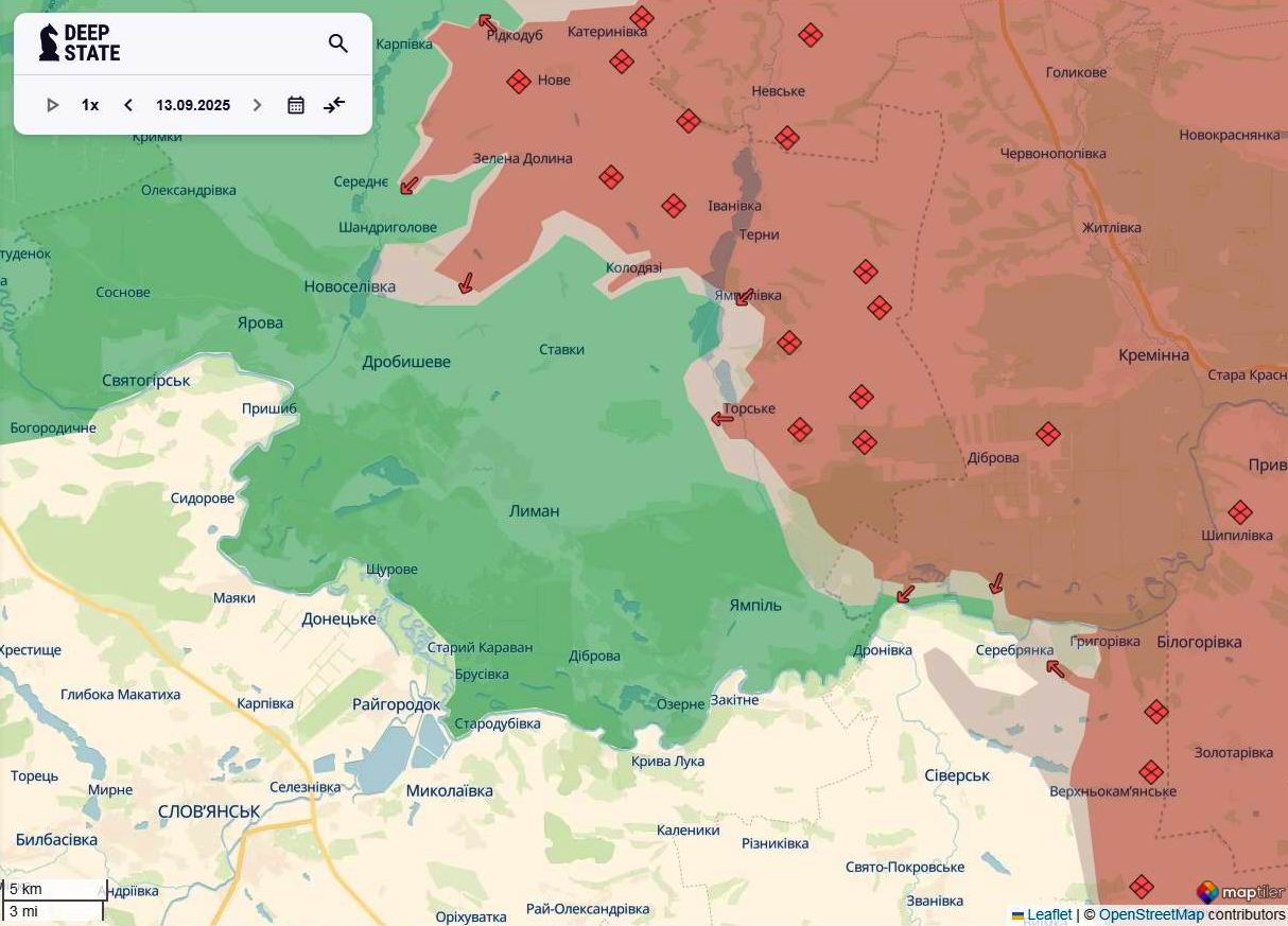 Лінія фронту на лиманському напрямку станом на 13 вересня/DeepStateMAP