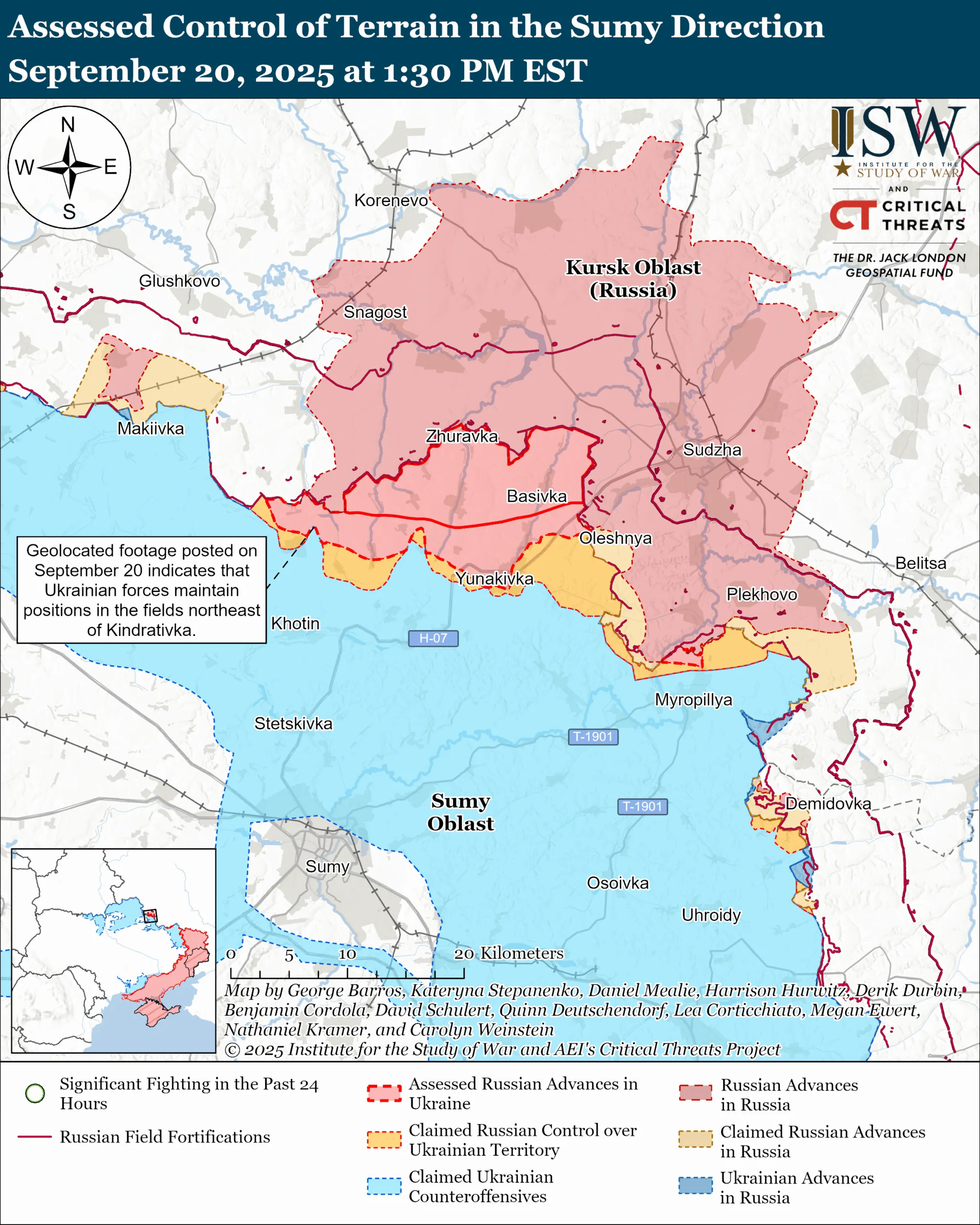Лінія фронту в Сумській області станом на 20 вересня/ISW