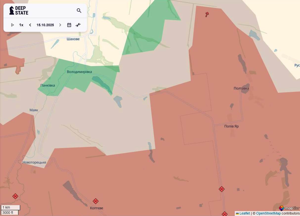 Лінія фронту в районі Добропілля станом на 15 жовтня/DeepStateMAP