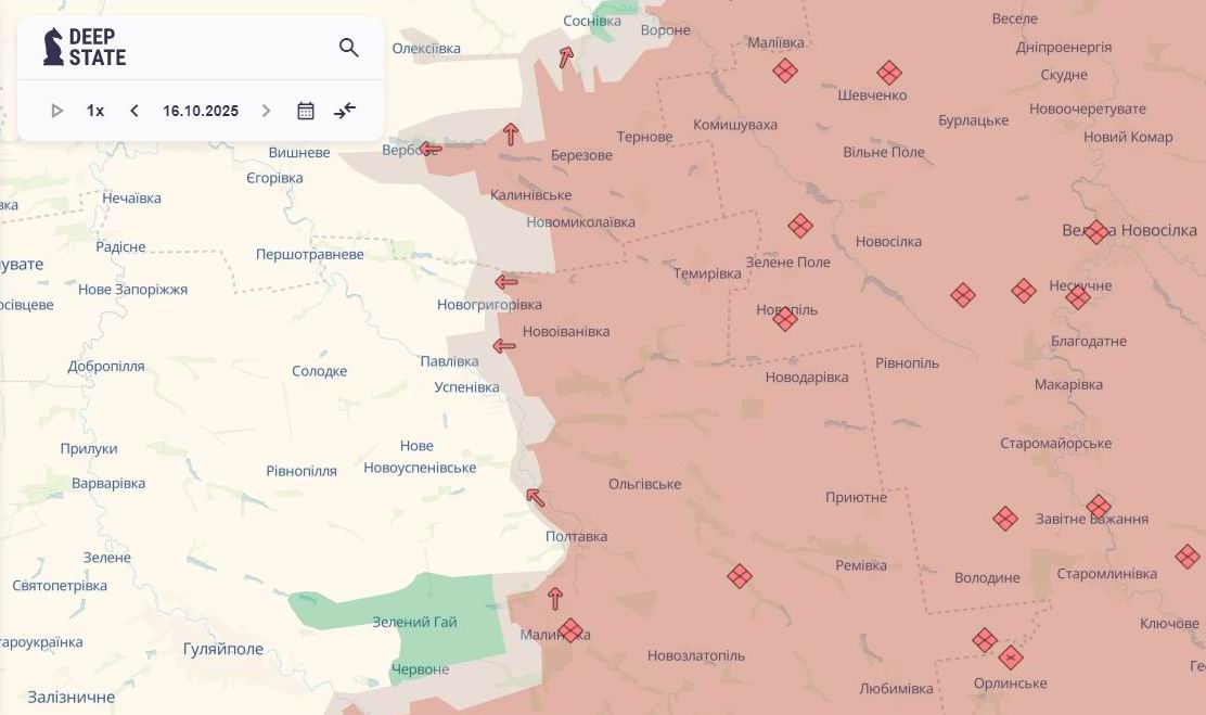 Лінія фронту на олександрівському напрямку станом на 16 жовтня/DeepStateMAP