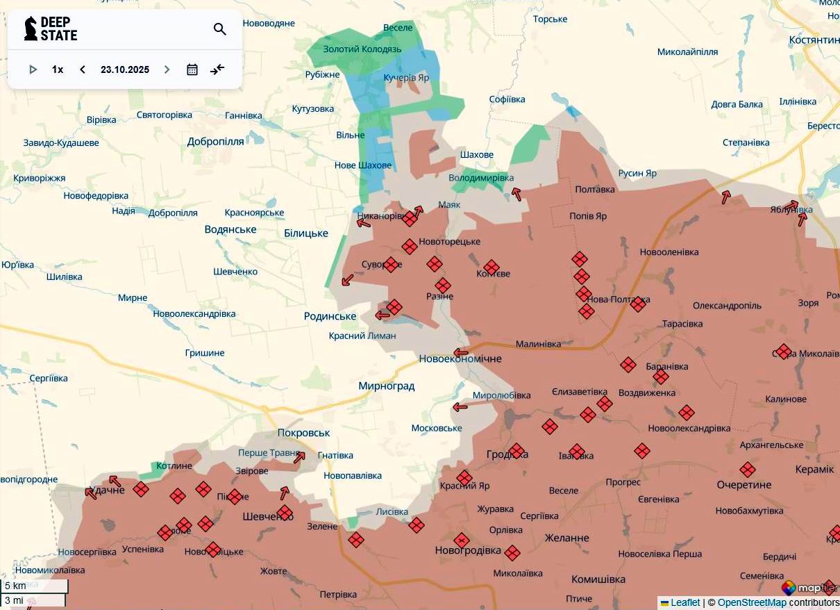 Лінія фронту на півночі покровського напрямку станом на 23 жовтня/DeepStateMAP