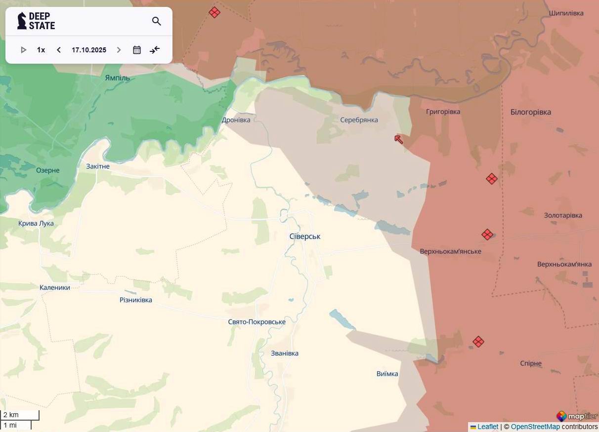Лінія фронту на слов'янському напрямку станом на 17 жовтня/DeepStateMAP