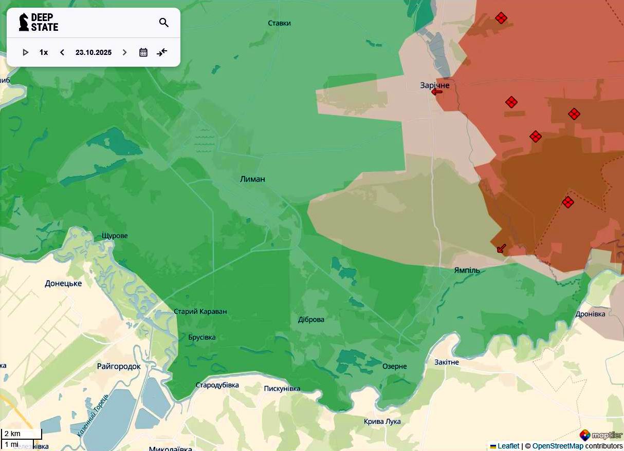 Лінія фронту в районі Лиману станом на 23 жовтня/DeepStateMAP Лінія фронту в районі Лиману станом на 23 жовтня/DeepStateMAP