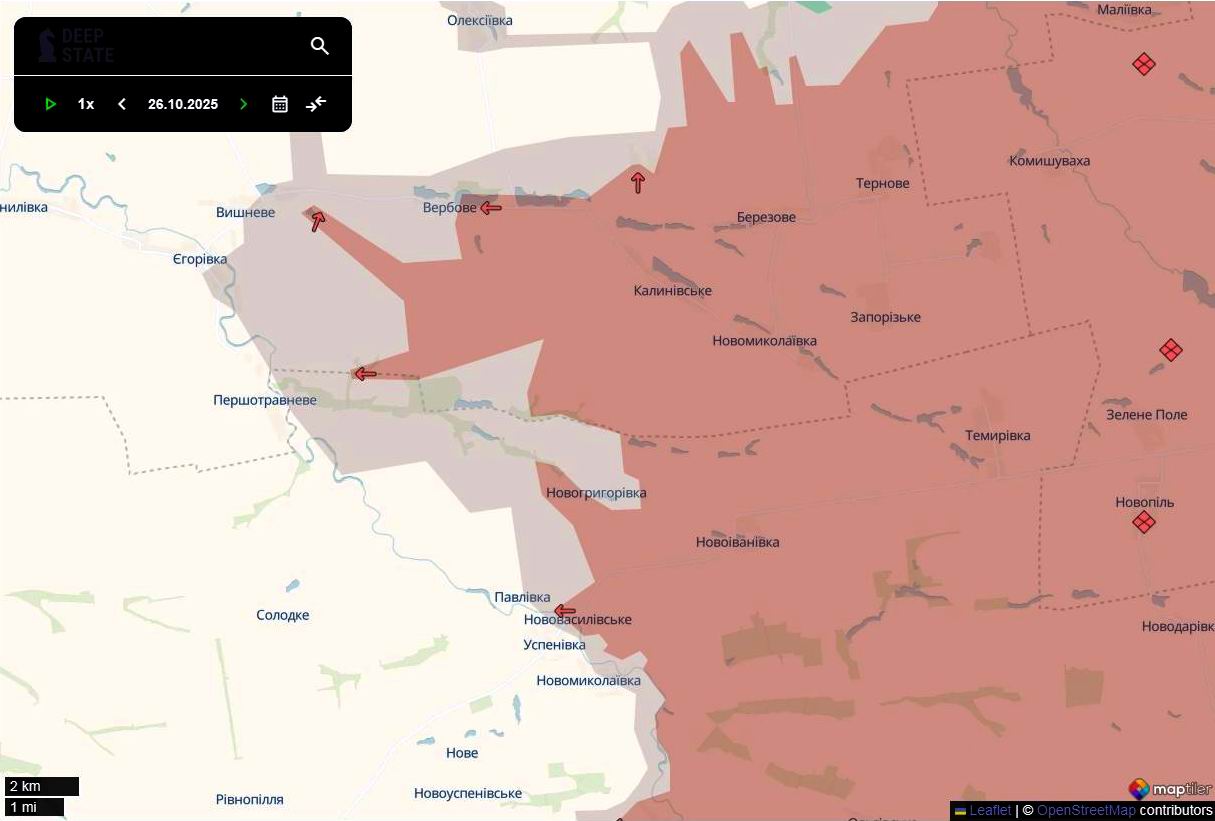 Лінія фронту на сході Дніпропетровської області станом на 26 жовтня/DeepStateMAP Лінія фронту на сході Дніпропетровської області станом на 26 жовтня/DeepStateMAP