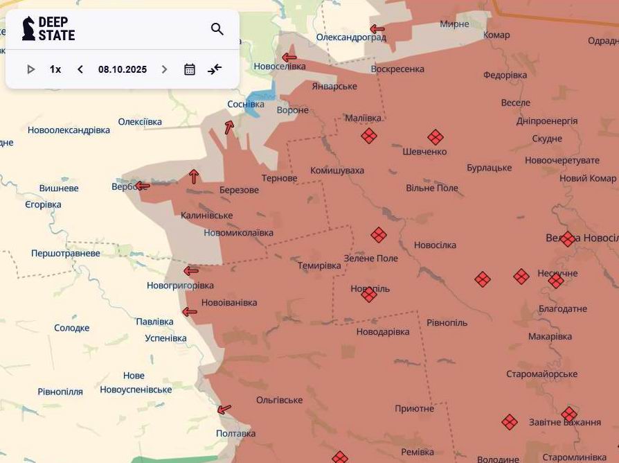 Лінія фронту на олександрівському напрямку станом на 8 жовтня/DeepStateMAP