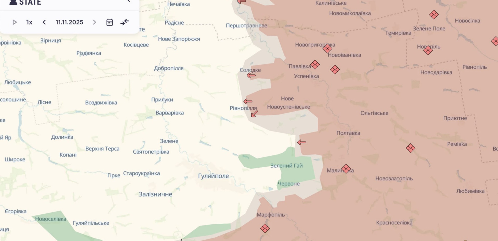Ориентировочная карта боевых действий на 11 ноября в 23:50/DeepStateMap