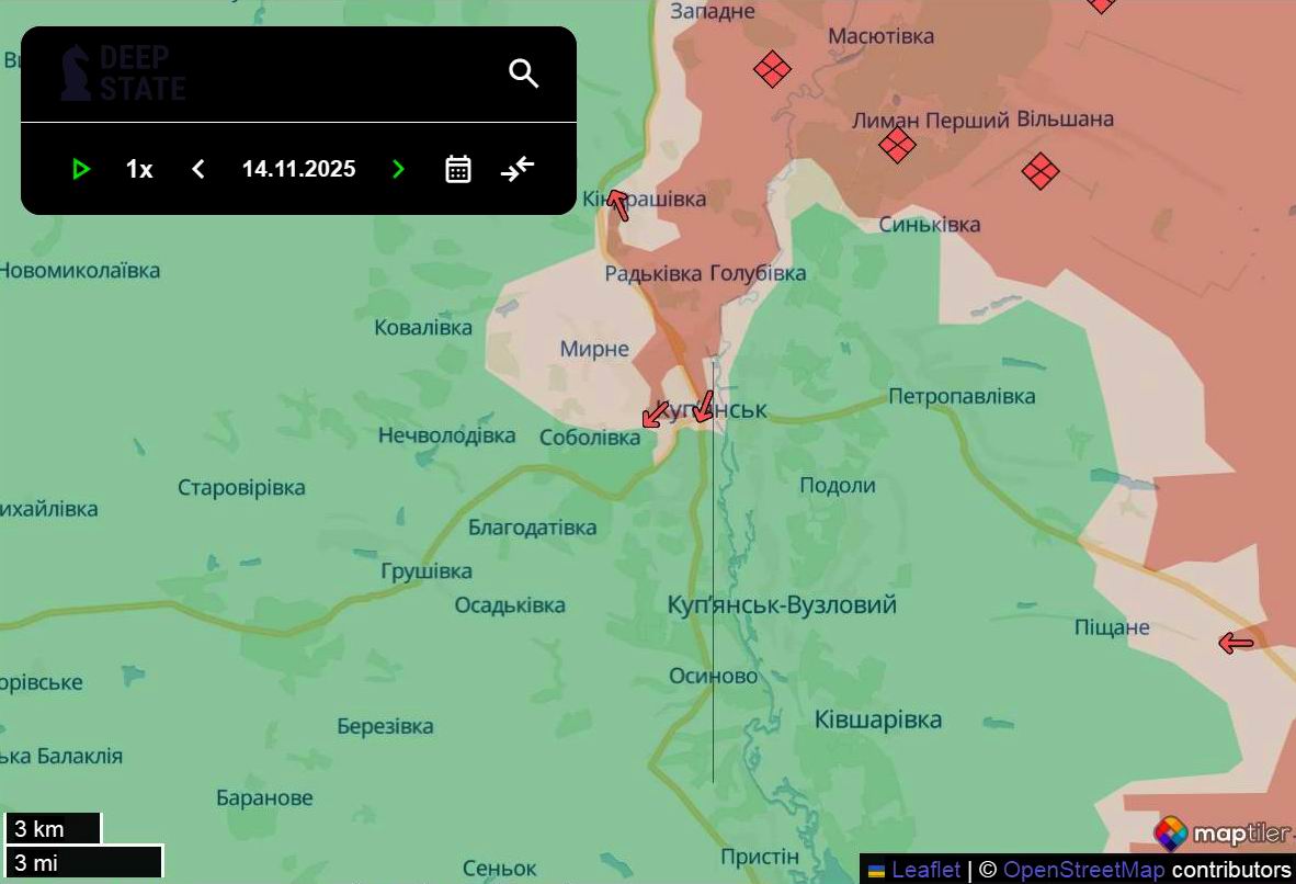 Лінія фронту в районі Куп’янська станом на 14 листопада/DeepStateMAP