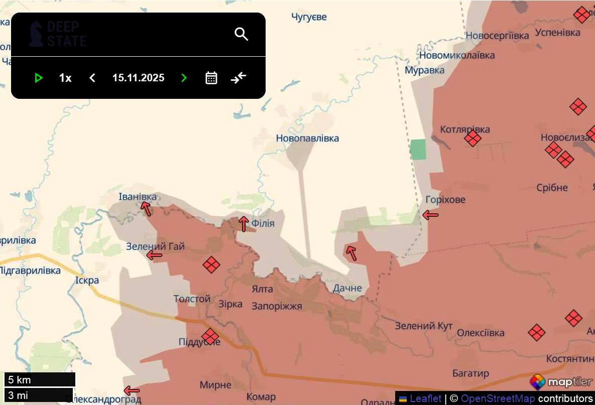 Лінія фронту в районі Новопавлівки станом на 15 листопада/DeepStateMAP