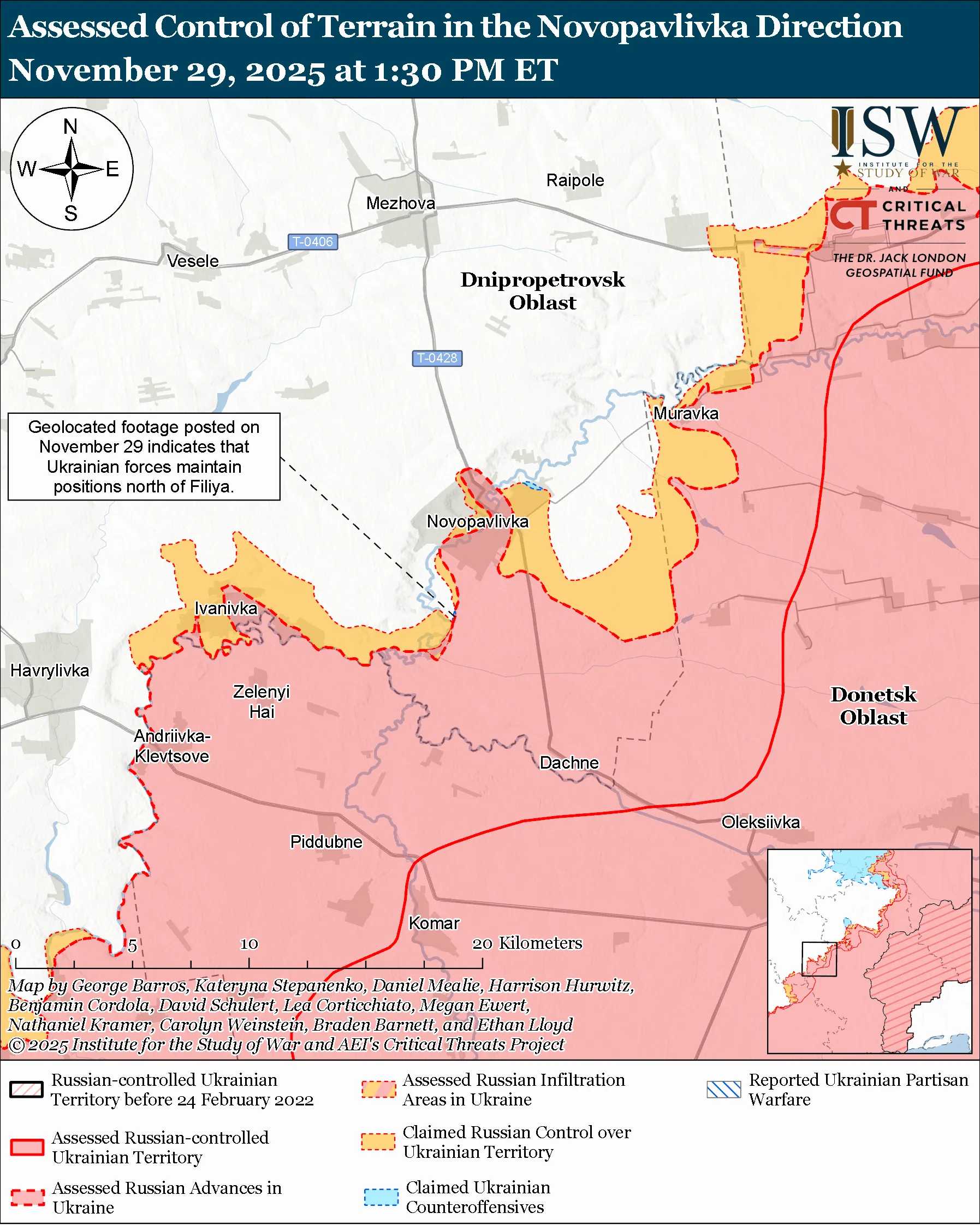 Лінія фронту в районі Новопавлівки станом на 29 листопада/ISW
