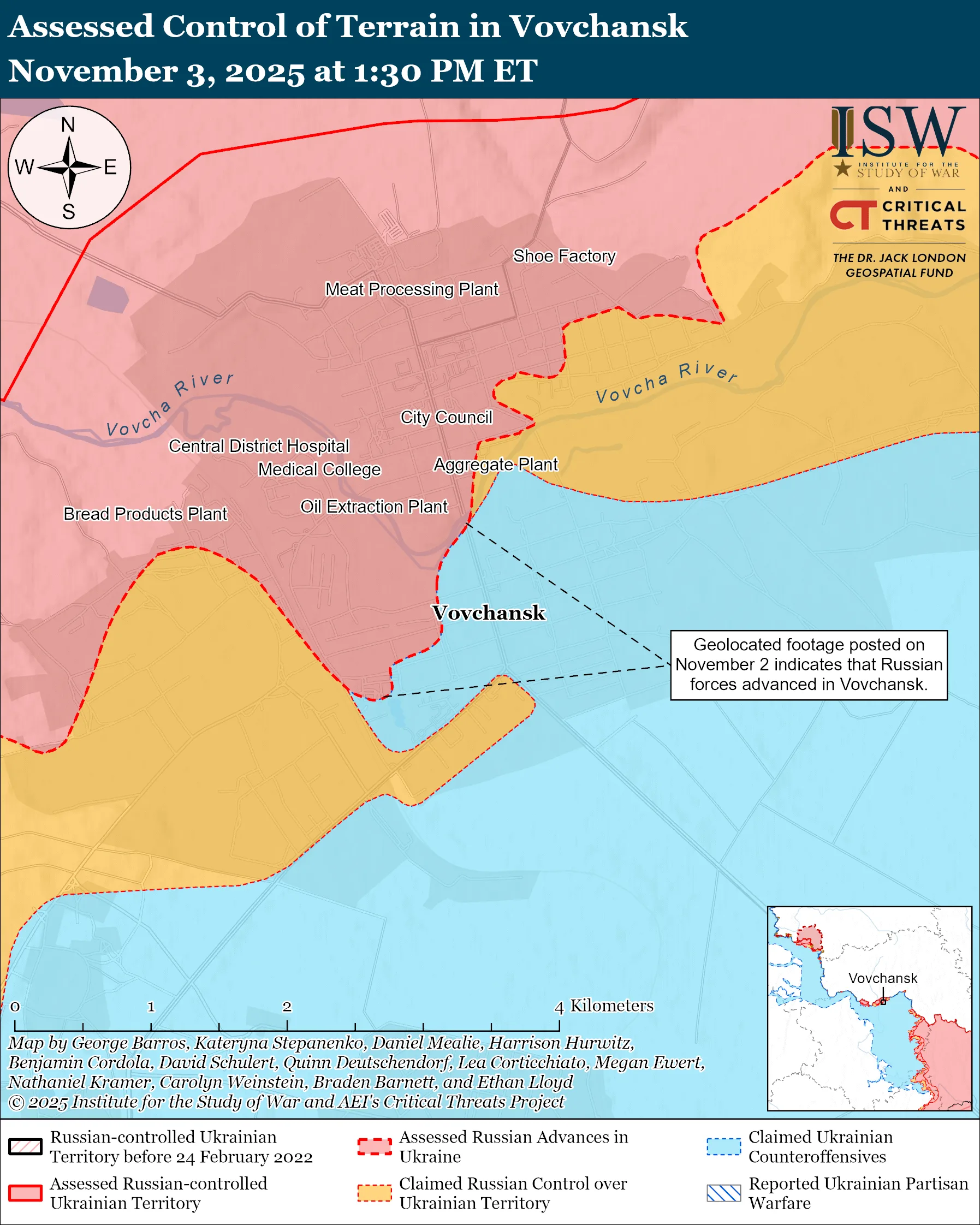 Лінія фронту у Вовчанську станом на 3 листопада/ISW