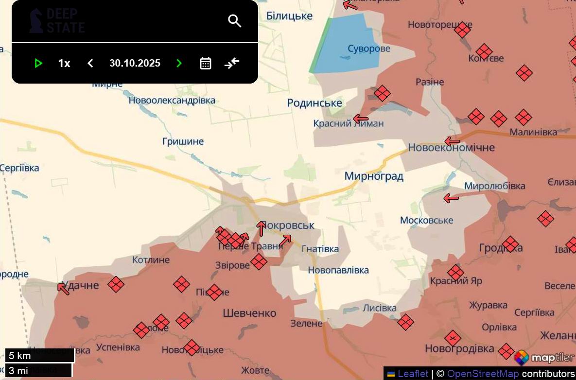 Лінія фронту в районі Покровська станом на 30 жовтня/DeepStateMAP Лінія фронту в районі Покровська станом на 30 жовтня/DeepStateMAP