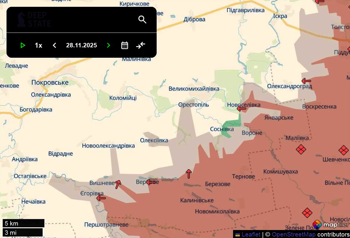 Лінія фронту в районі селища Покровське станом на 28 листопада/DeepStateMAP