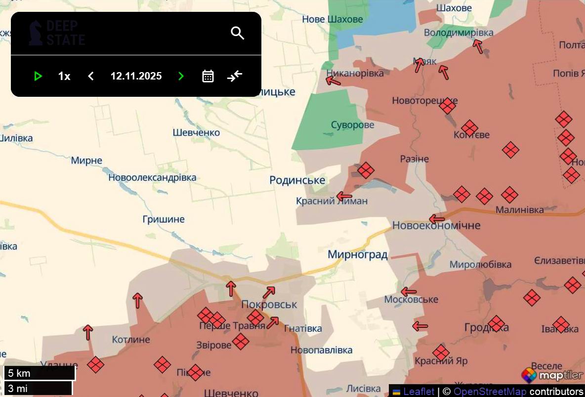 Лінія фронту на півночі покровського напрямку станом на 12 листопада/DeepStateMAP