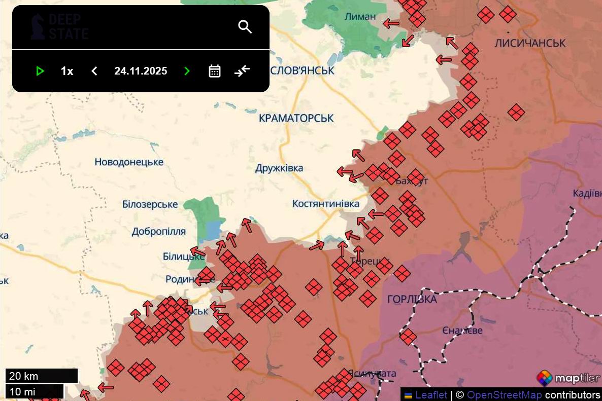 Лінія фронту в межах Донецької області станом на 24 листопада/DeepStateMAP