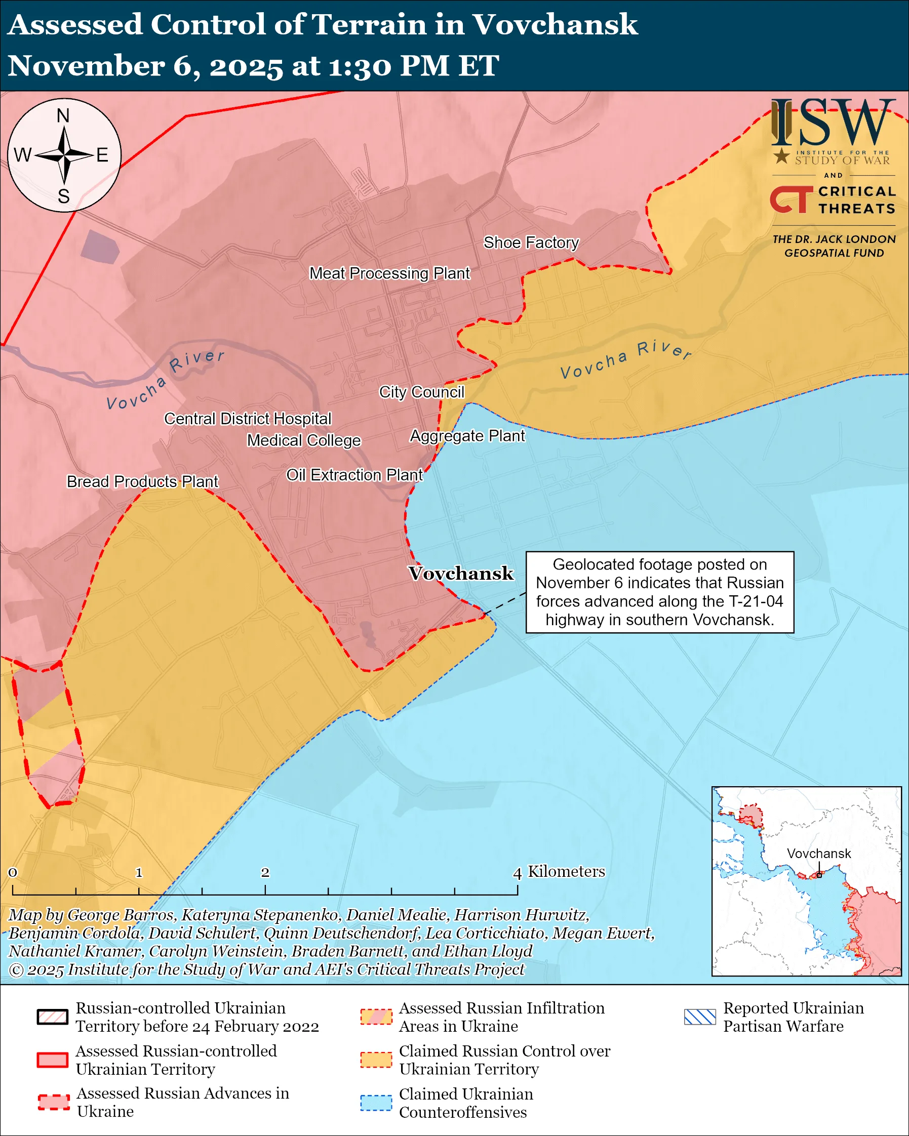 Лінія фронту у Вовчанську станом на 6 листопада/ISW