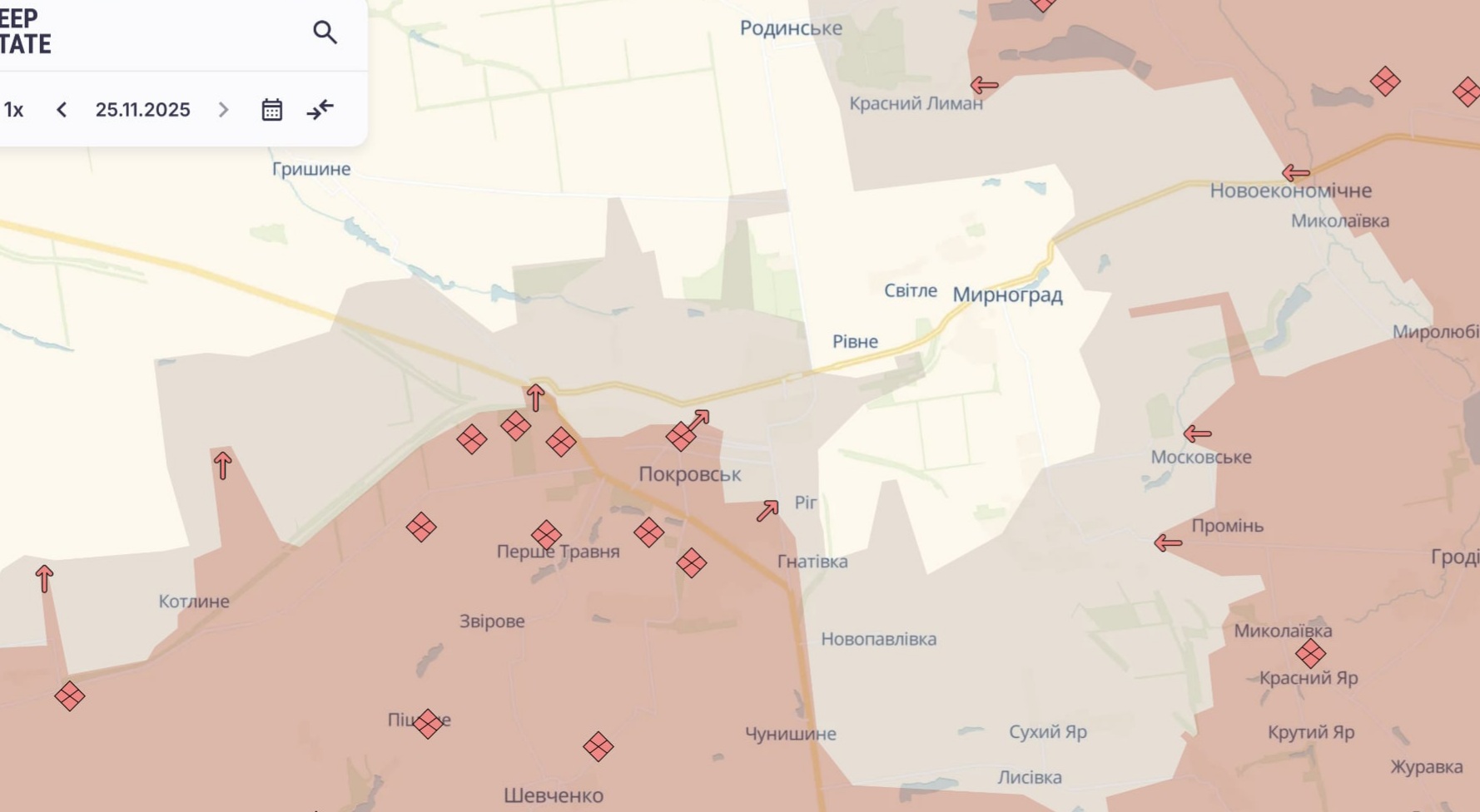 Ориентировочная карта боевых действий по состоянию на 25 ноября в 23:33/DeepStateMap