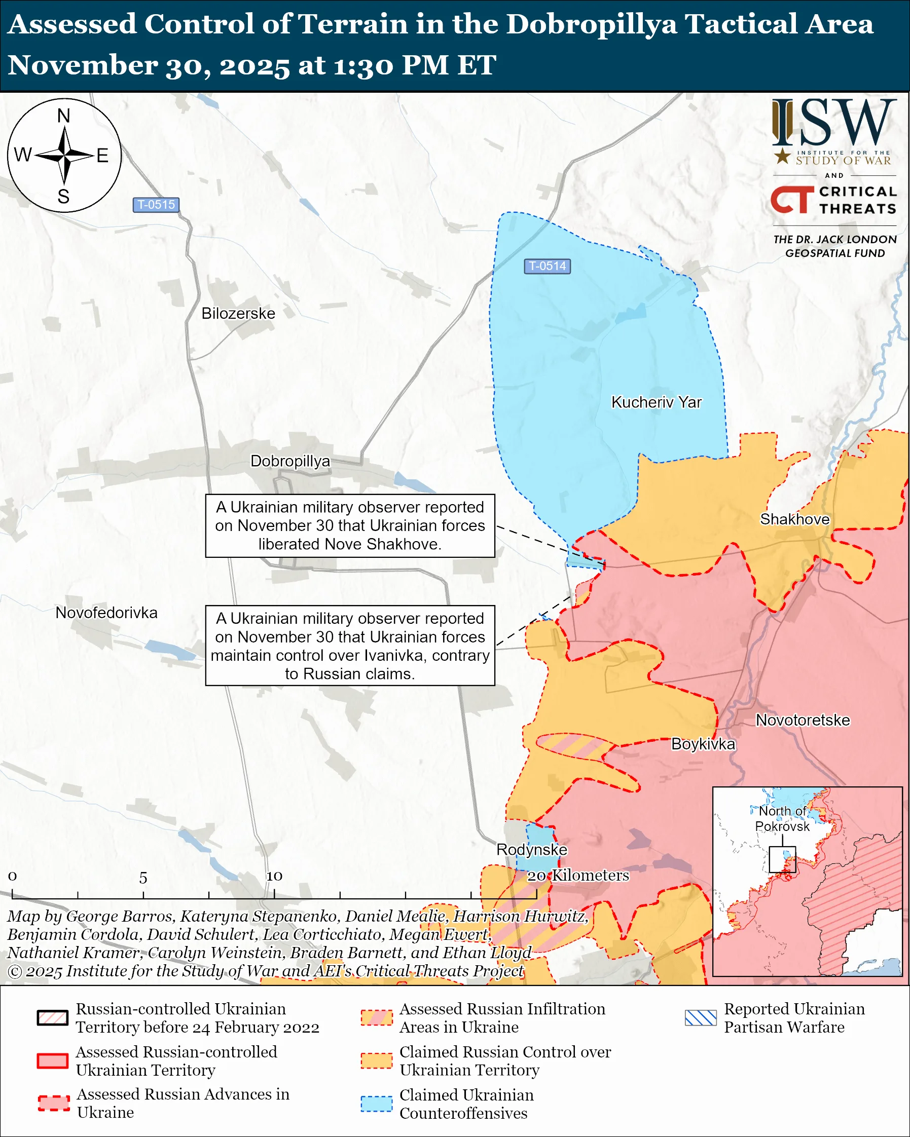Линия фронта в районе Доброполья по состоянию на 30 ноября / ISW