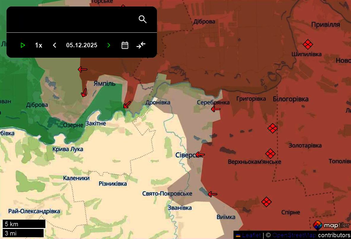 Лінія фронту в районі Сіверська станом на 5 грудня/DeepStateMAP