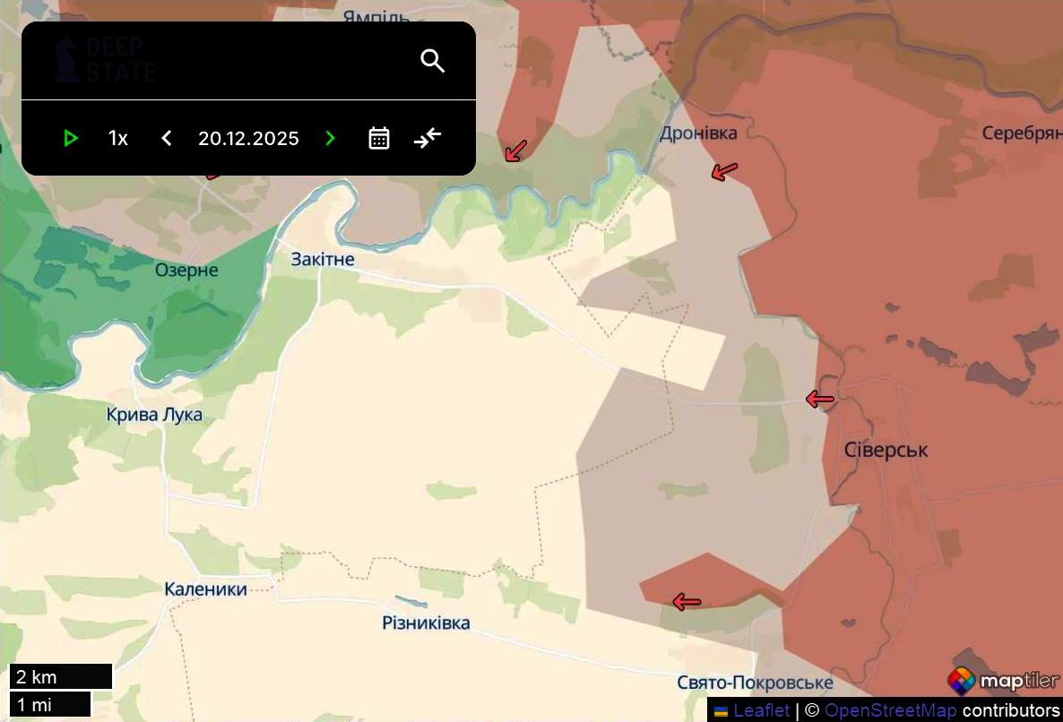 Лінія фронту в районі Сіверська станом на 20 грудня/DeepStateMAP