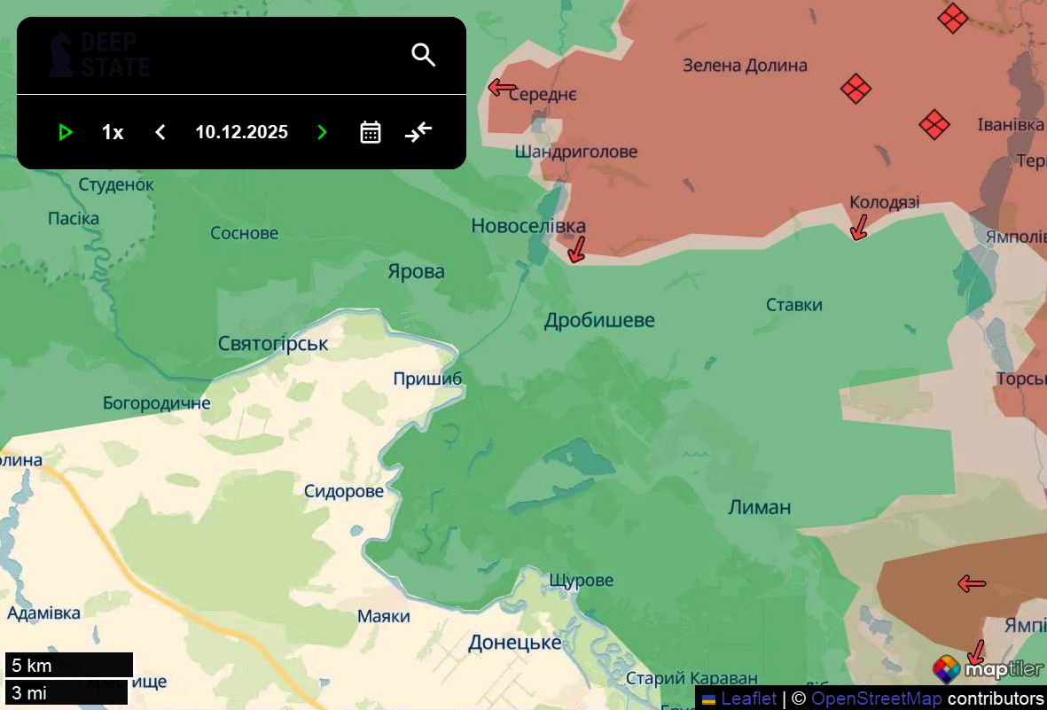 Лінія фронту в районі Лимана станом на 10 грудня/DeepStateMAP