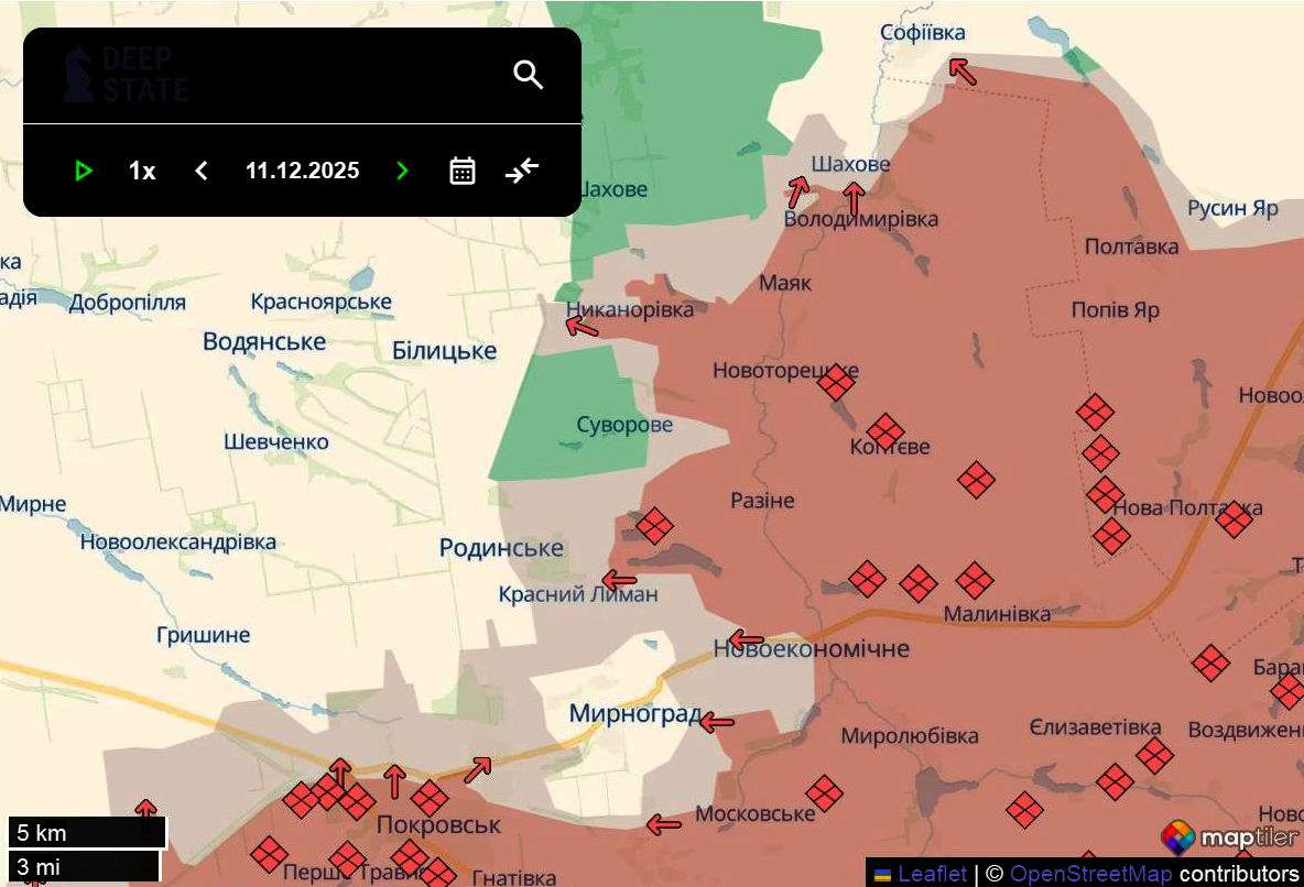 Лінія фронту на півночі покровського напрямку станом на 11 грудня/DeepStateMAP