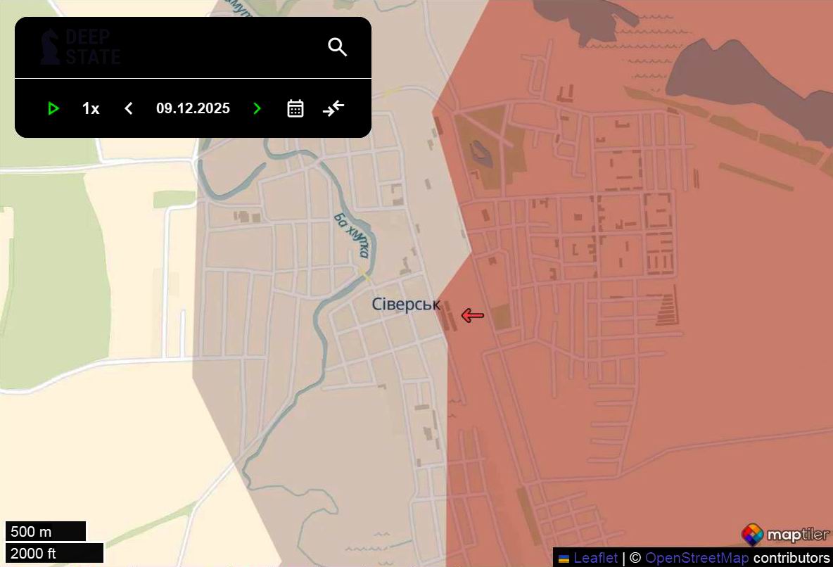 Лінія фронту в районі Сіверська станом на 9 грудня/DeepStateMAP