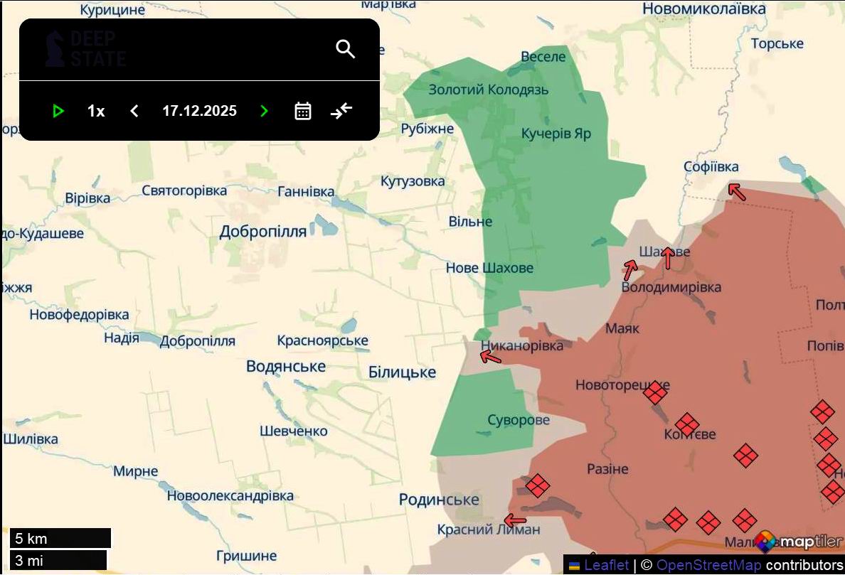 Лінія фронту в районі Добропілля станом на 17 грудня/DeepStateMAP
