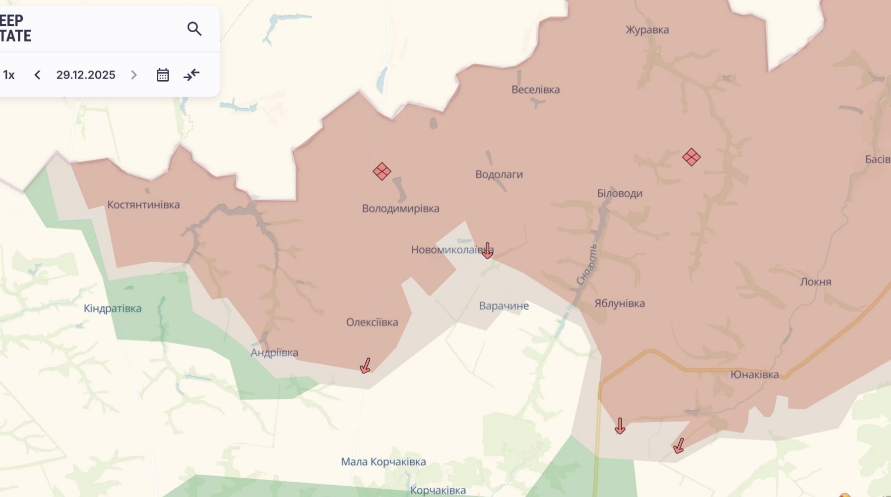 Ориентировочная карта боевых действий от DeepState по состоянию 23:20 28 декабря
