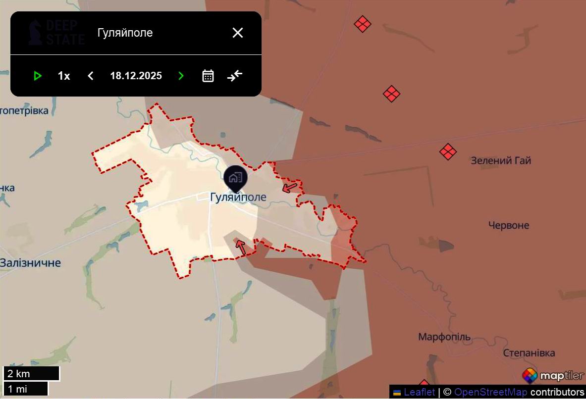 Лінія фронту в районі Гуляйполя станом на 18 грудня/DeepStateMAP