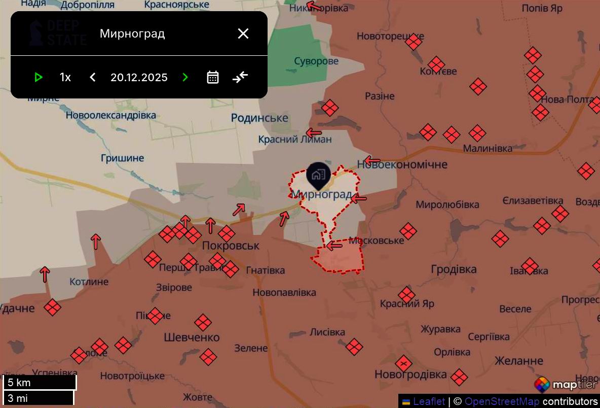 Лінія фронту в районі Мирнограда станом на 20 грудня/DeepStateMAP
