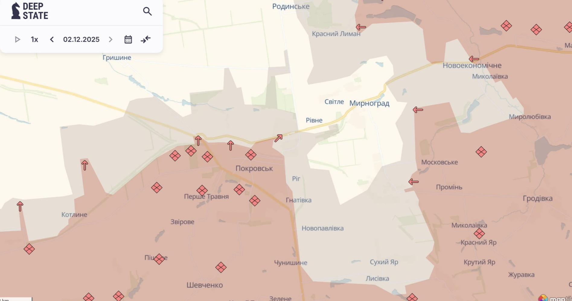 Ориентировочная карта боевых действий на 2 декабря в 23:28/ DeepStateMap