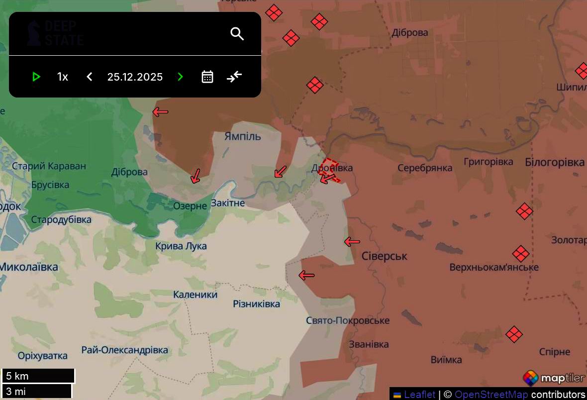 Лінія фронту в районі Сіверська станом на 25 грудня/DeepStateMAP