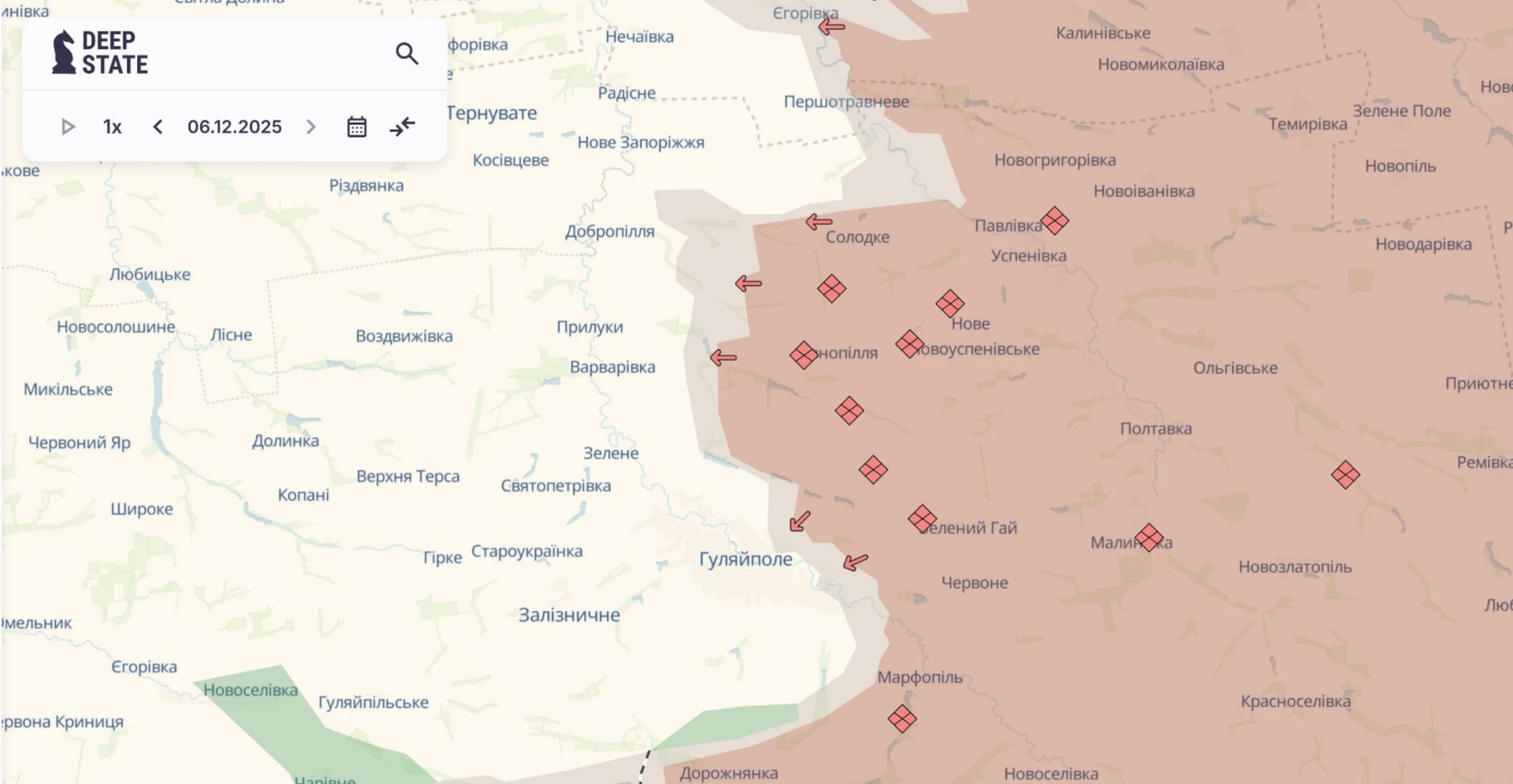 Ориентировочная карта боевых действий по состоянию на 6 декабря в 21:38/DeepStateMap