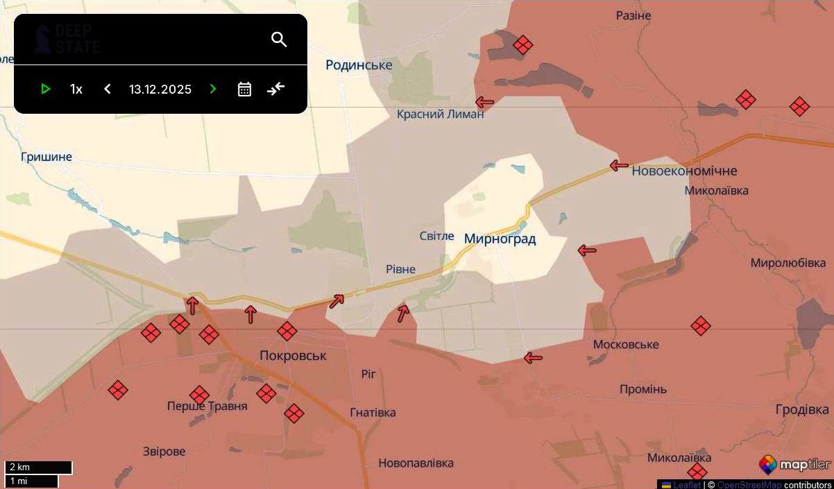 Лінія фронту в районі Мирнограда станом на 13 грудня/DeepStateMAP