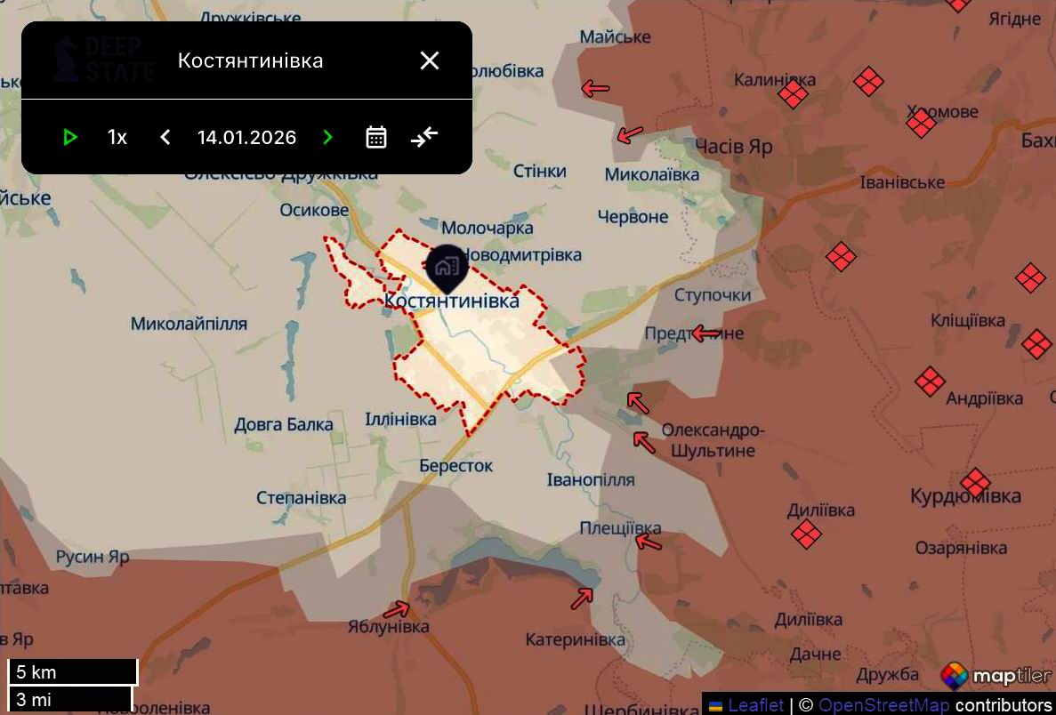 Лінія фронту в районі Костянтинівки станом на 14 січня/DeepStateMAP