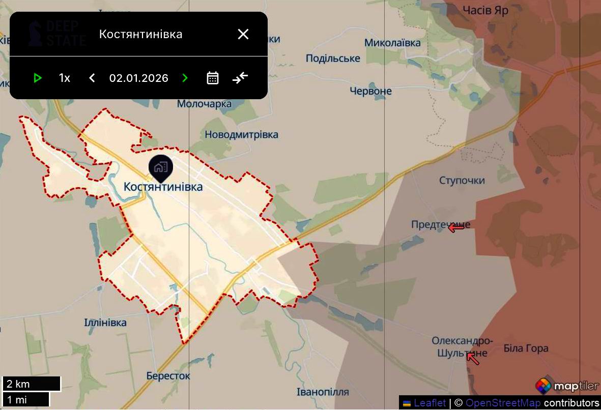 Лінія фронту в районі Костянтинівки станом на 2 січня / DeepStateMAP