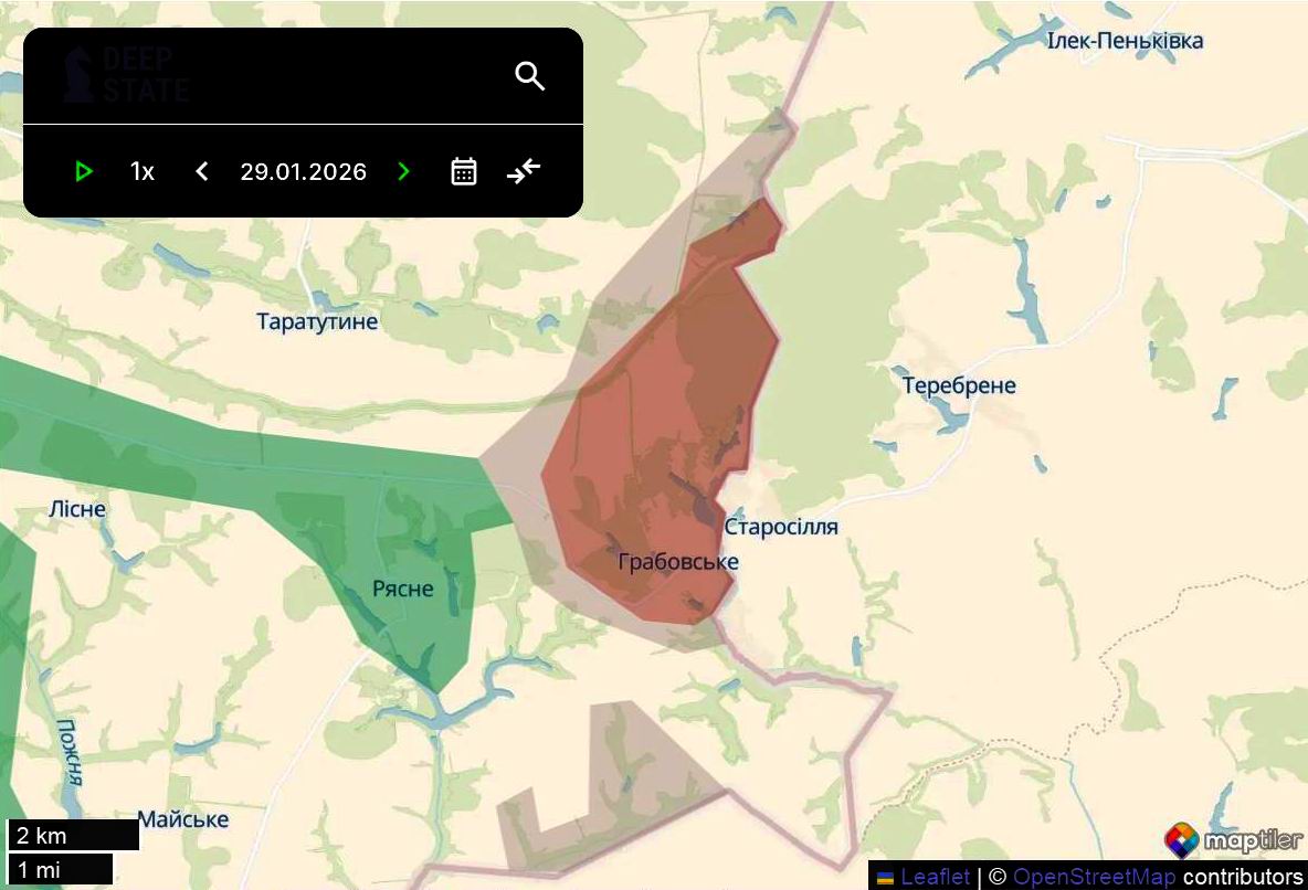 Лінія фронту в районі Грабовського станом на 29 січня/DeepStateMAP