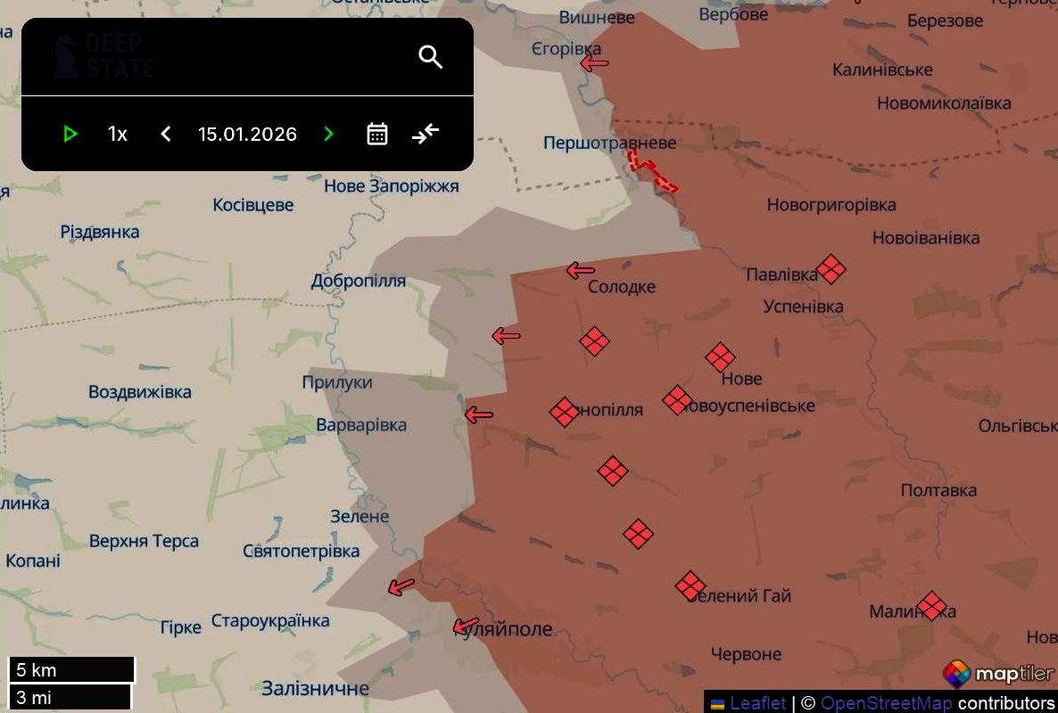 Лінія фронту в районі Гуляйполя та на північ від міста станом на 15 січня/DeepStateMAP