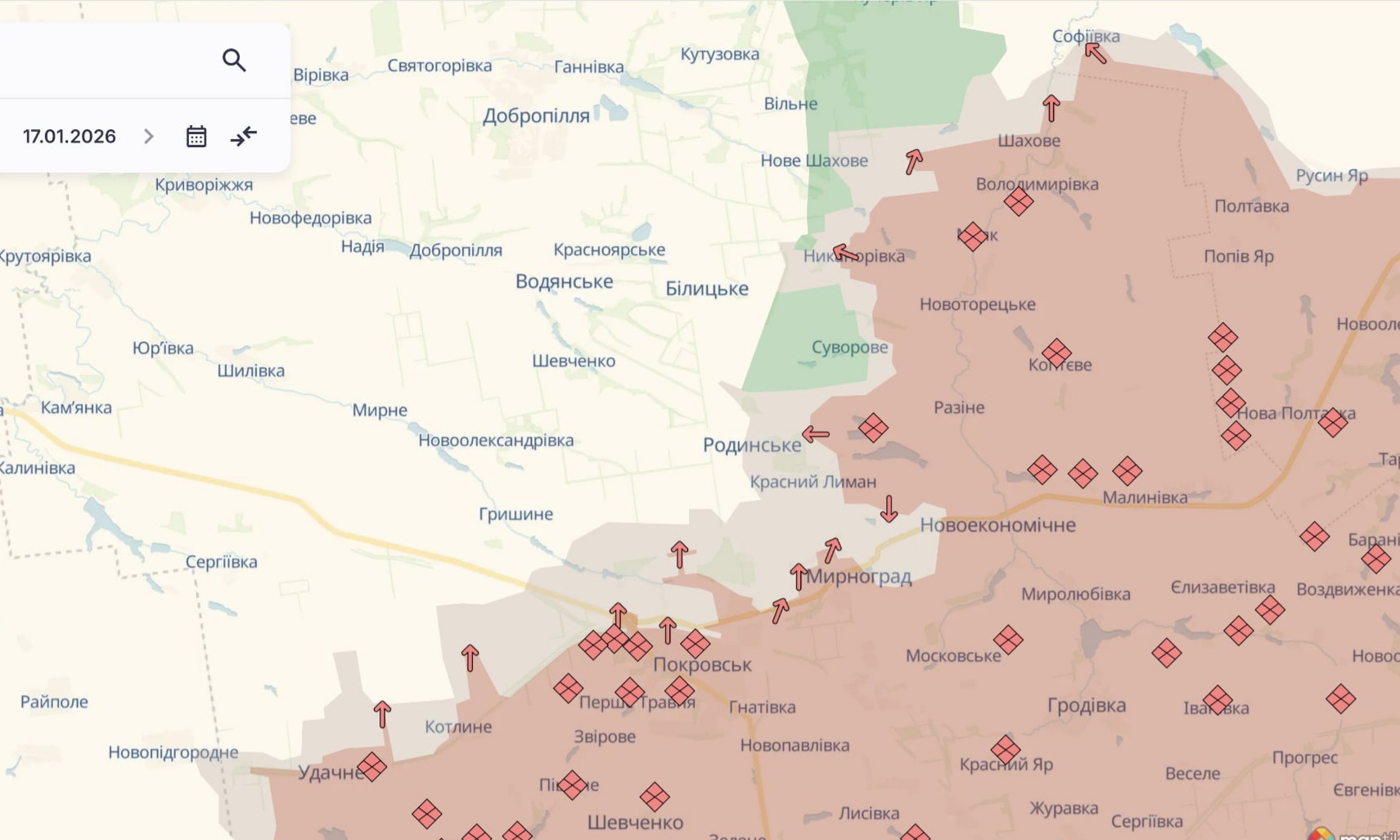 Ориентировочная карта боевых действий на 17 января в 21:47/DeepStateMap