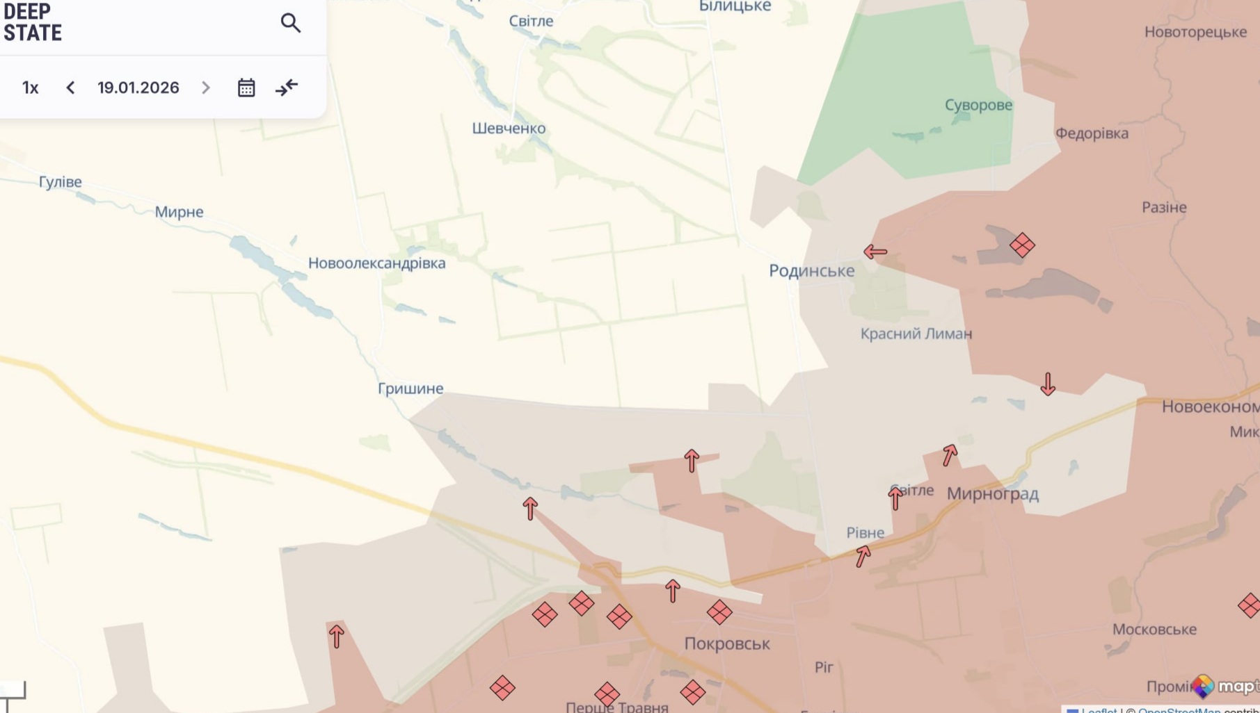Ориентировочная карта боевых действий по состоянию на 19 января в 22:59/DeepStateMap