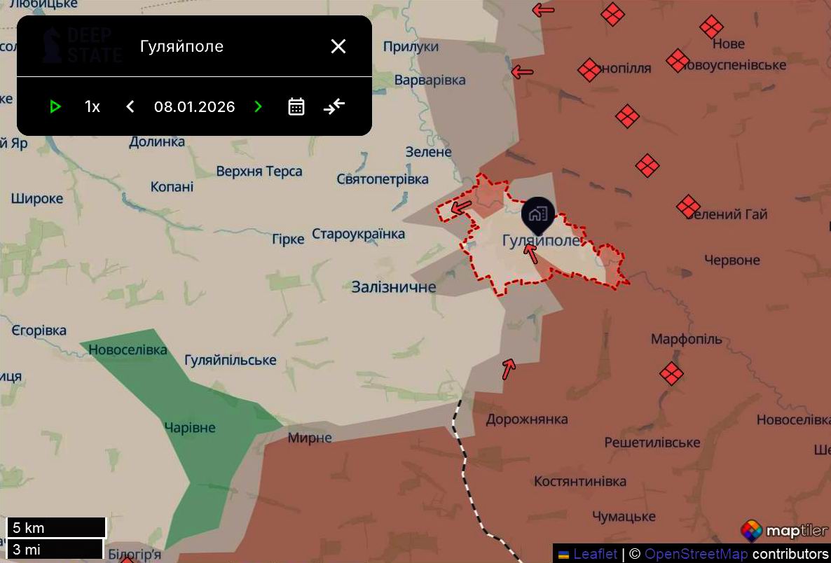 Лінія фронту в районі Гуляйполя станом на 8 січня / DeepStateMAP