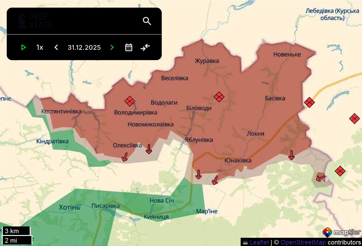 Лінія фронту на півночі Сумської області станом на 31 грудня 2025 року/DeepStateMAP